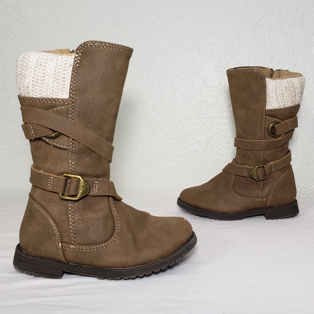 "Rachel Shoes" Brown Faux Leather Buckled Mid-Calf Flat Heel Boots